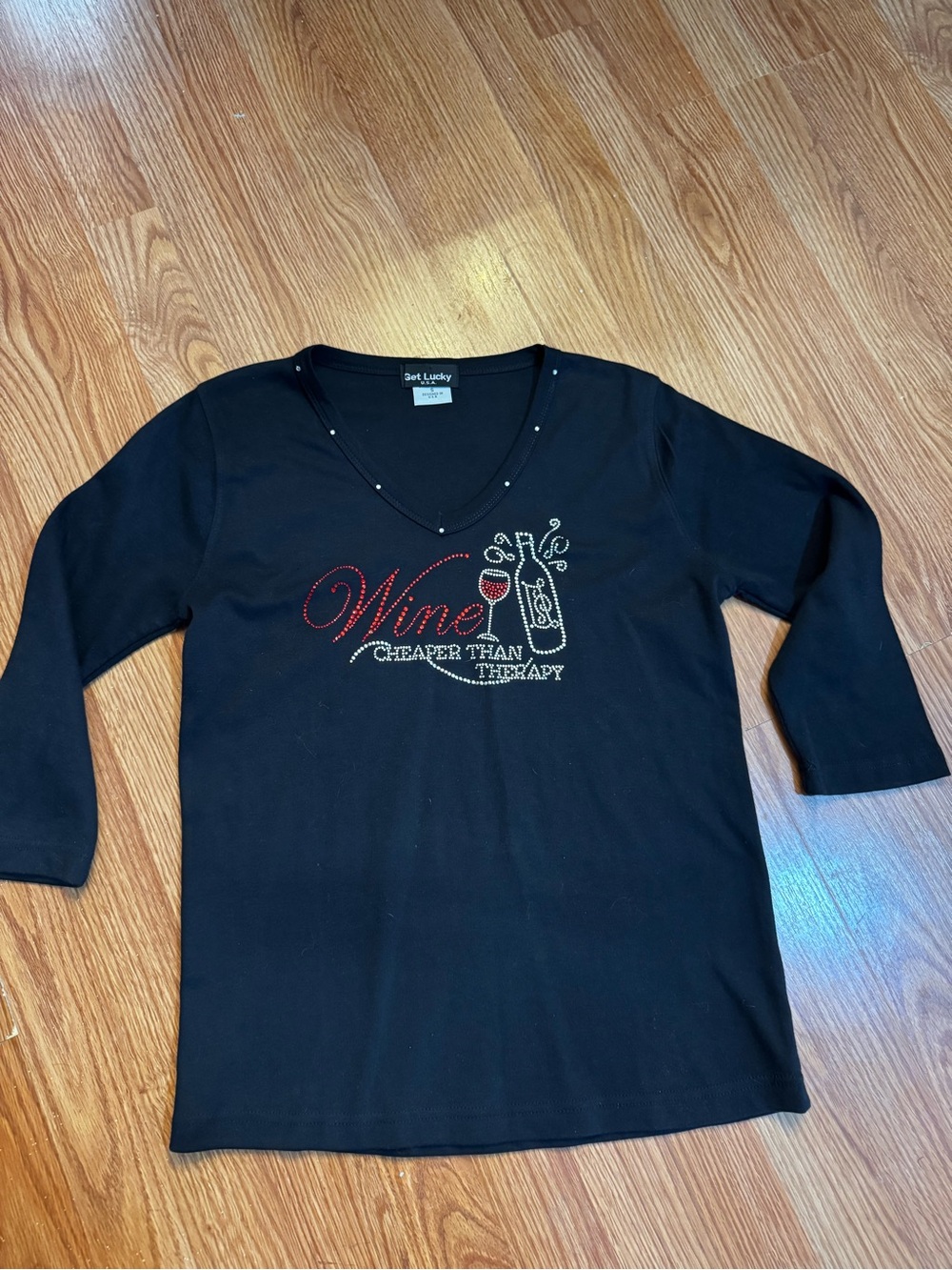 Black 'Wine Cheaper Than Therapy' Embellished V-Neck Top